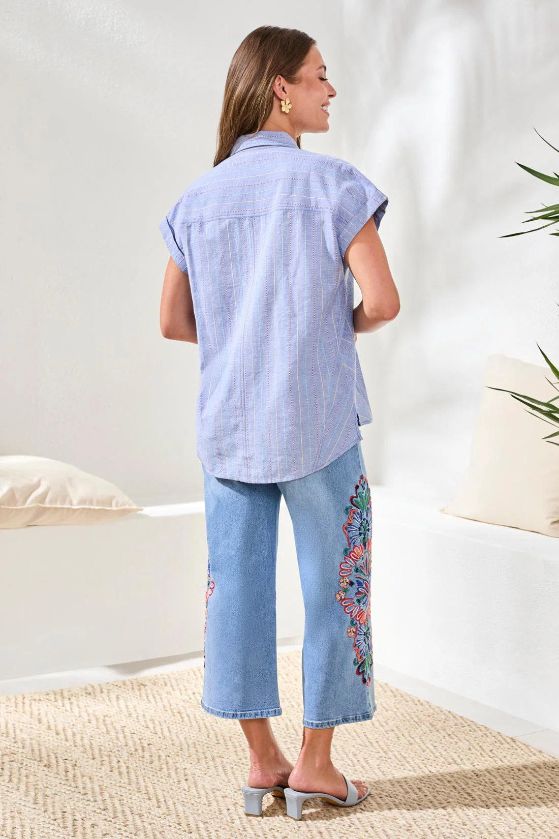 Cotton Cap Sleeve Button-Front Collard U-Hem Blouse-Multiblue - Image 4