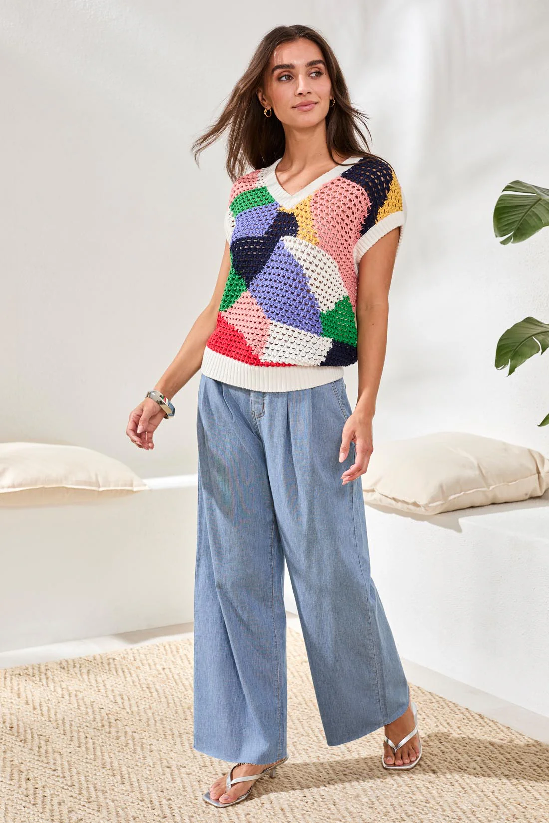 Crochet Knit V-Neck Cap-Sleeve Top With Novelty Print-Baja blue - Image 2