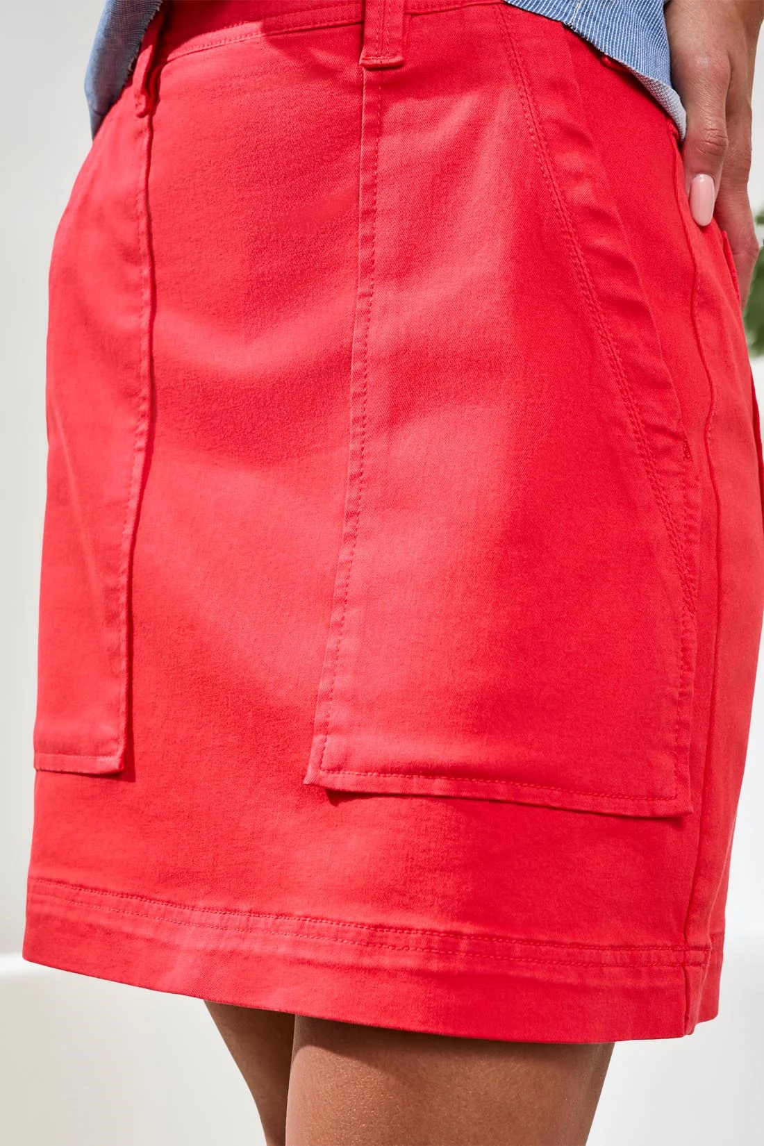 Comfort Stretch Audrey Pull-On Denim Skort Patch Pockets-Coralred - Image 3