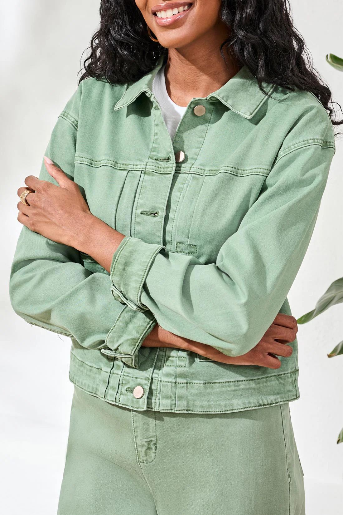 Comfort Stretch Denim Button-Front Jacket-Moss - Image 3