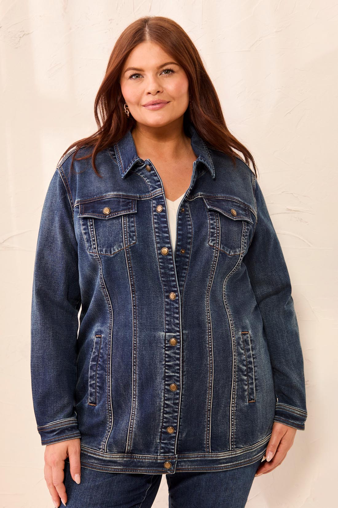 Size Inclusive Comfort Stretch Maxi Denim Jacket-Medwash - Image 3