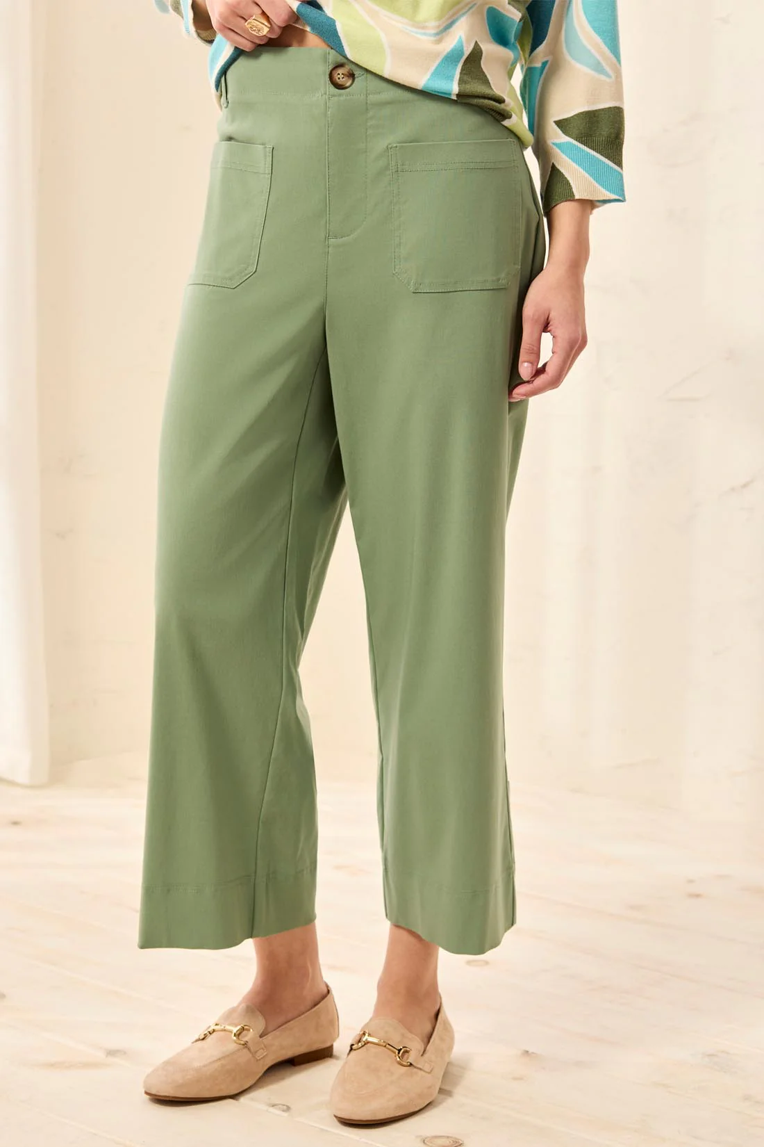 Signature Stretch Twill Button‑Front Wide‑Leg Ankle Pants-Moss - Image 3