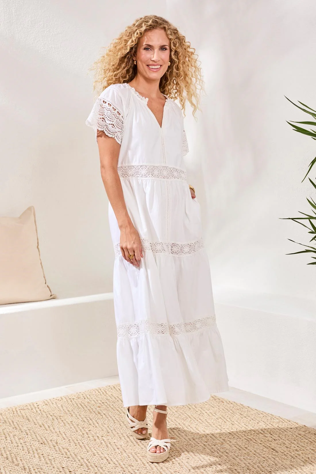 Cotton Poplin Lace-Trim Tiered V-Neck Maxi Dress-White