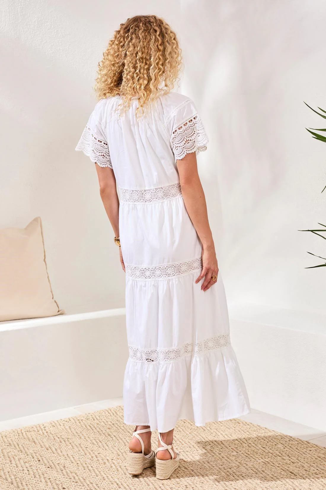 Cotton Poplin Lace-Trim Tiered V-Neck Maxi Dress-White - Image 4