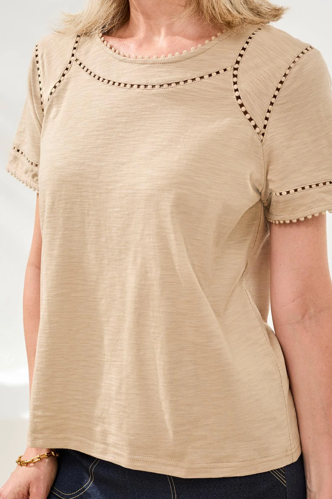 Cotton Slub Short Sleeve Top With Lace Detail-Beach - Image 3