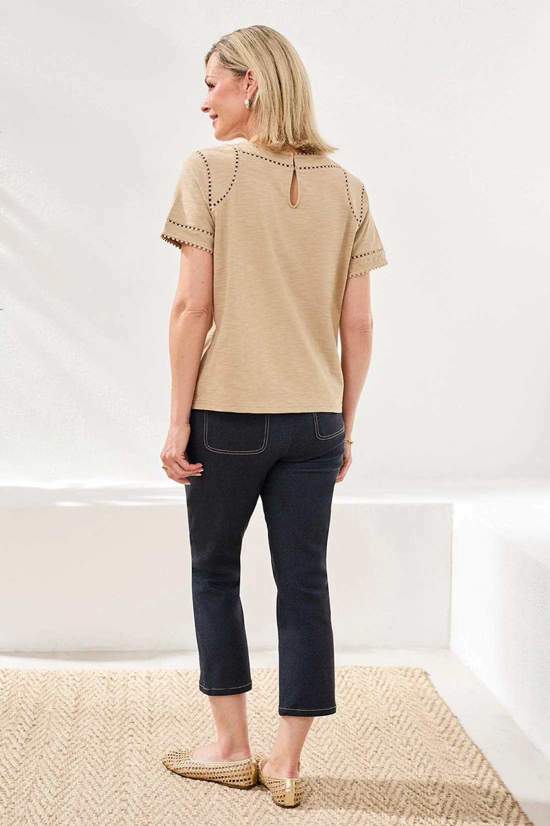 Cotton Slub Short Sleeve Top With Lace Detail-Beach - Image 4