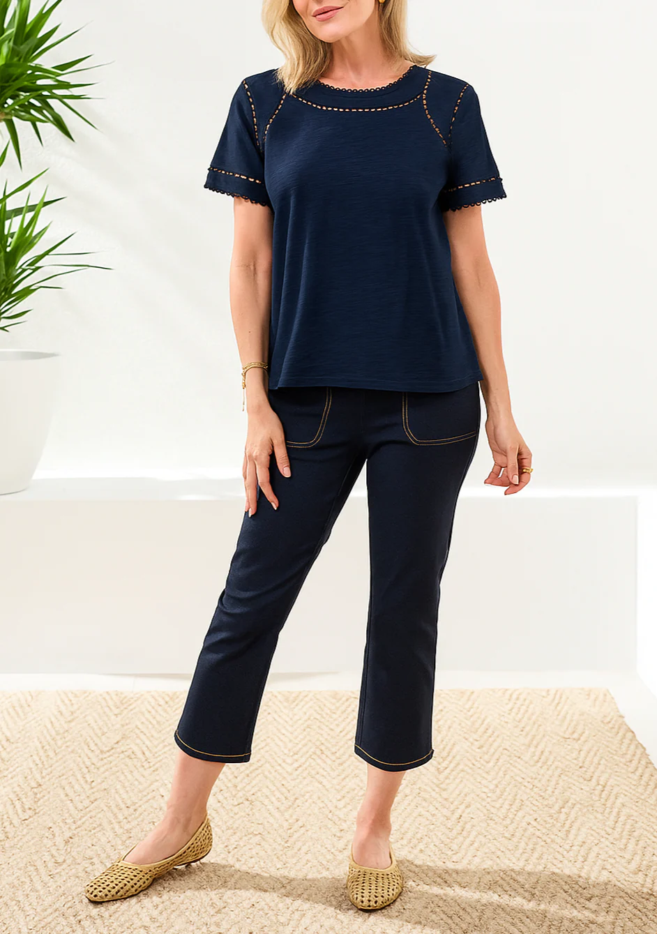 Cotton Slub Short Sleeve Top With Lace Detail-Jet blue
