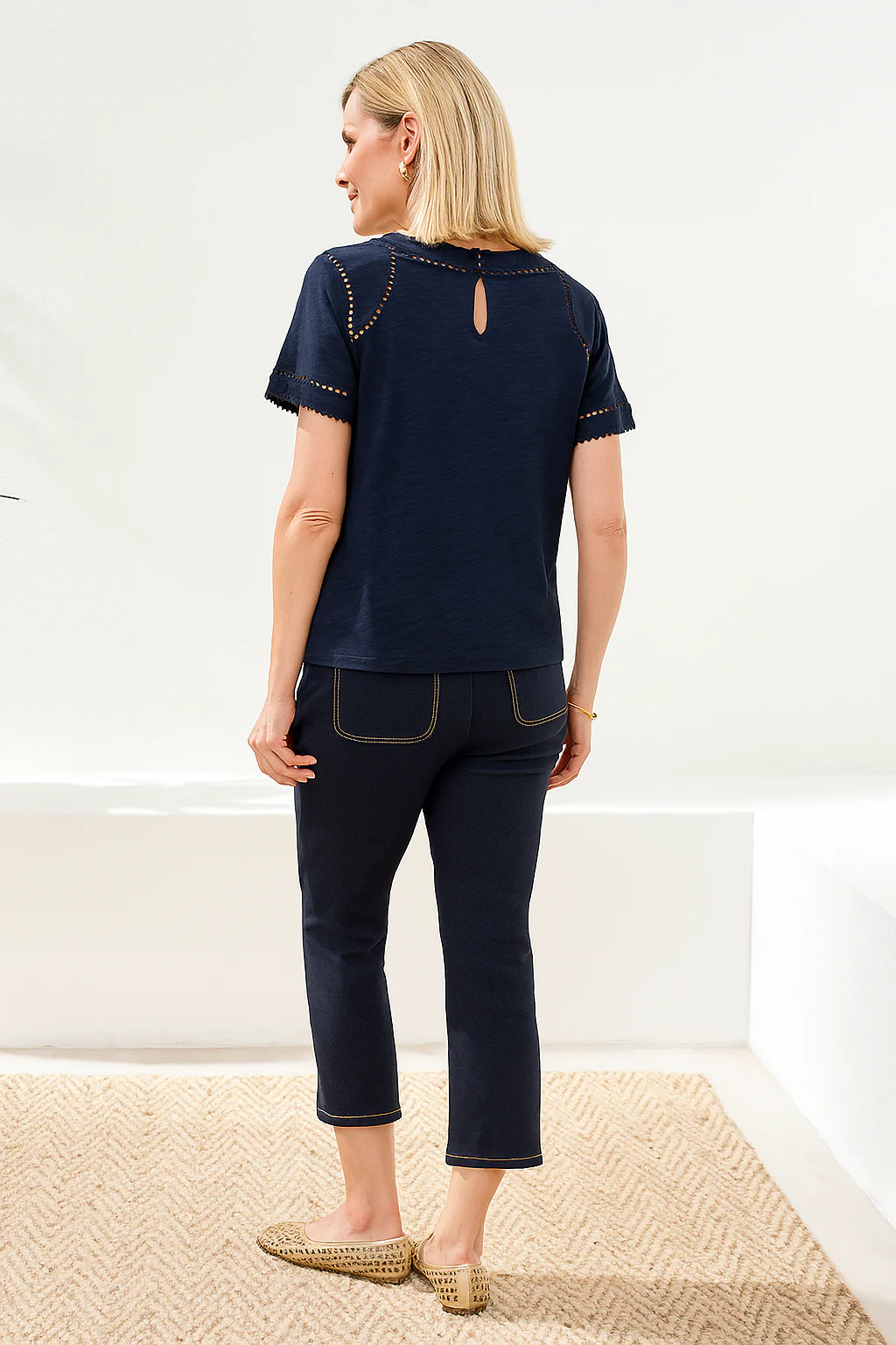 Cotton Slub Short Sleeve Top With Lace Detail-Jet blue - Image 2