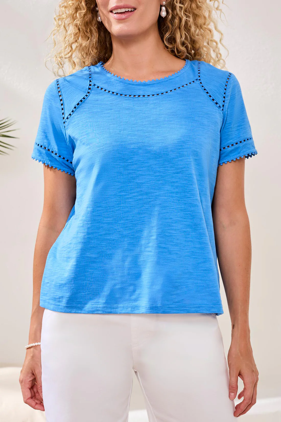 Cotton Slub Short Sleeve Top With Lace Detail-Royal - Image 3
