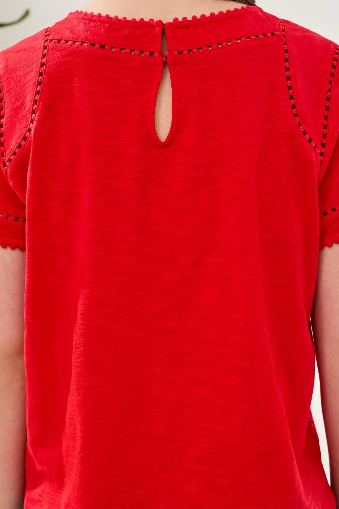 Cotton Slub Short Sleeve Top With Lace Detail-Sangria - Image 3