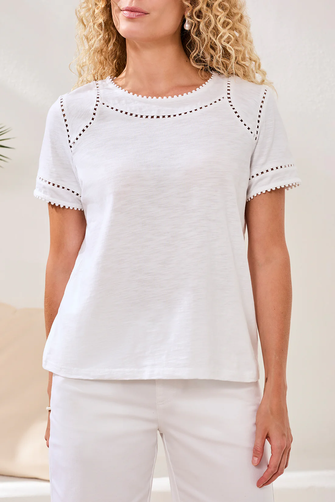Cotton Slub Short Sleeve Top With Lace Detail-White - Image 3