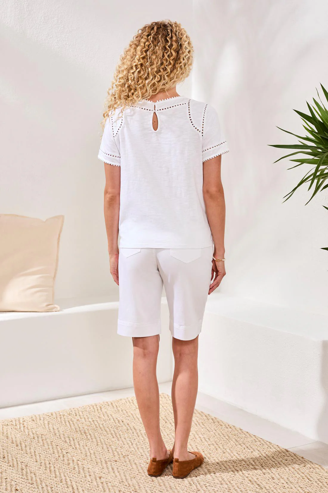 Cotton Slub Short Sleeve Top With Lace Detail-White - Image 4