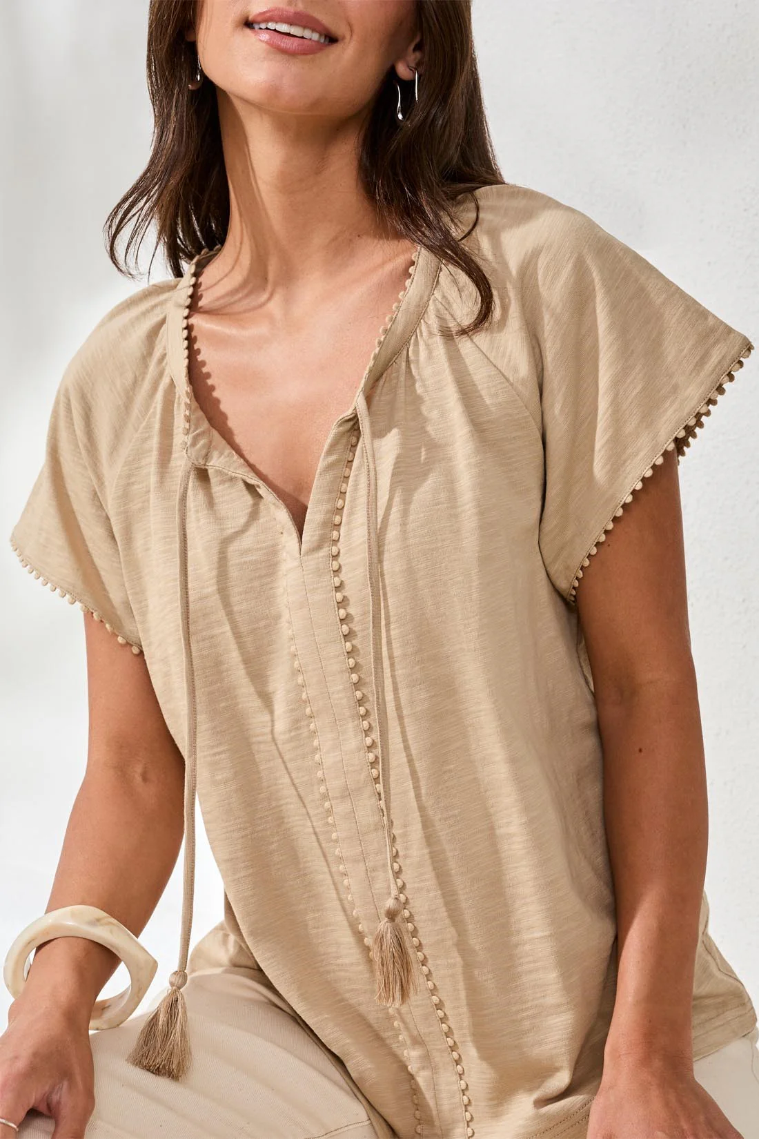 Cotton Slub Split Neck Tassel Top-Beach