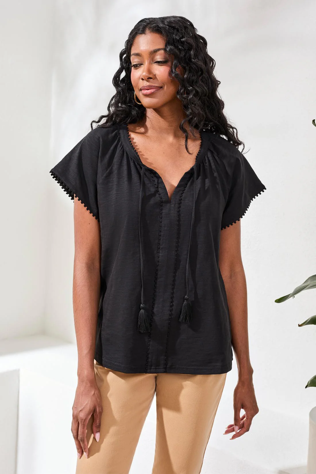 Cotton Slub Split Neck Tassel Top-Black - Image 2