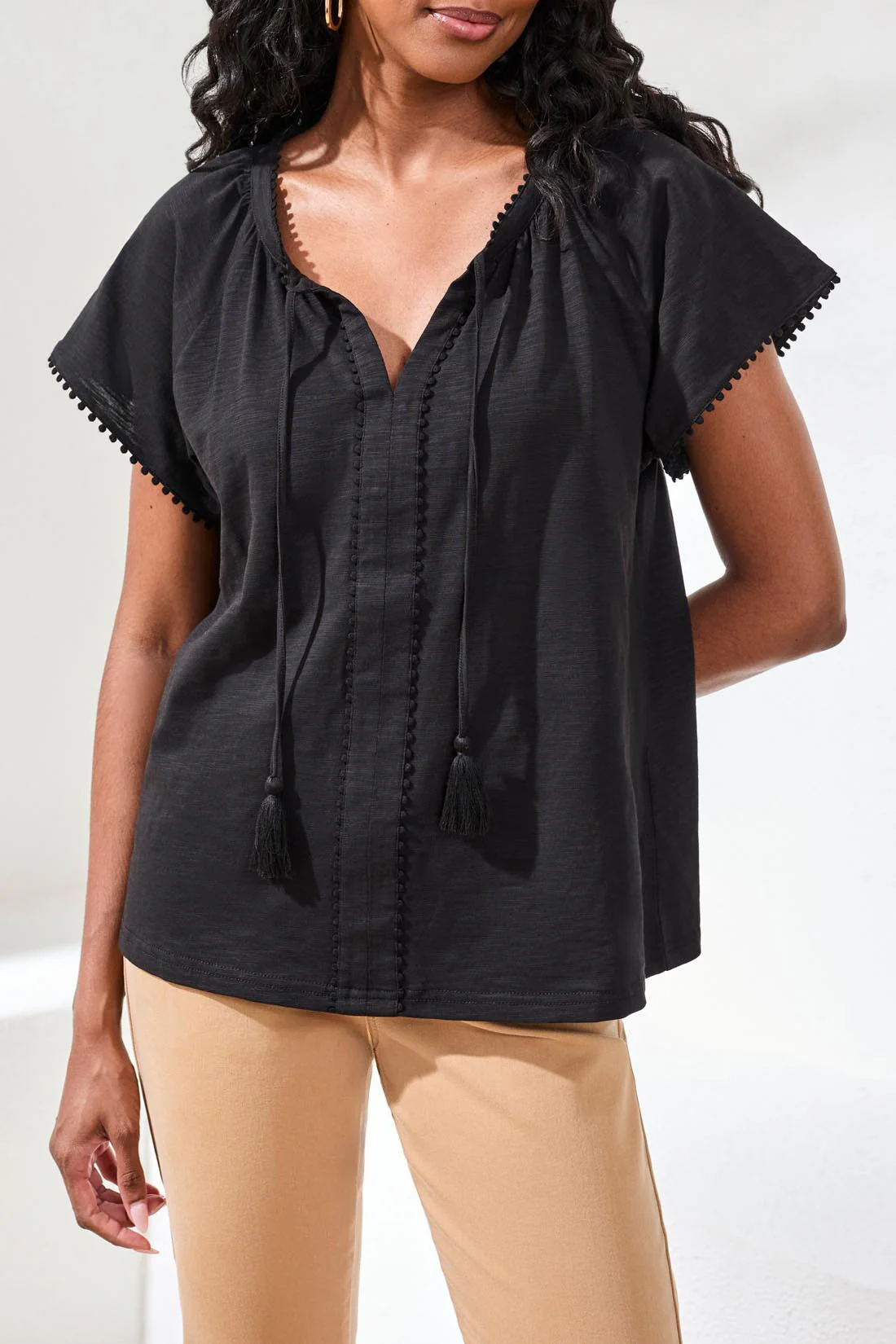 Cotton Slub Split Neck Tassel Top-Black - Image 3