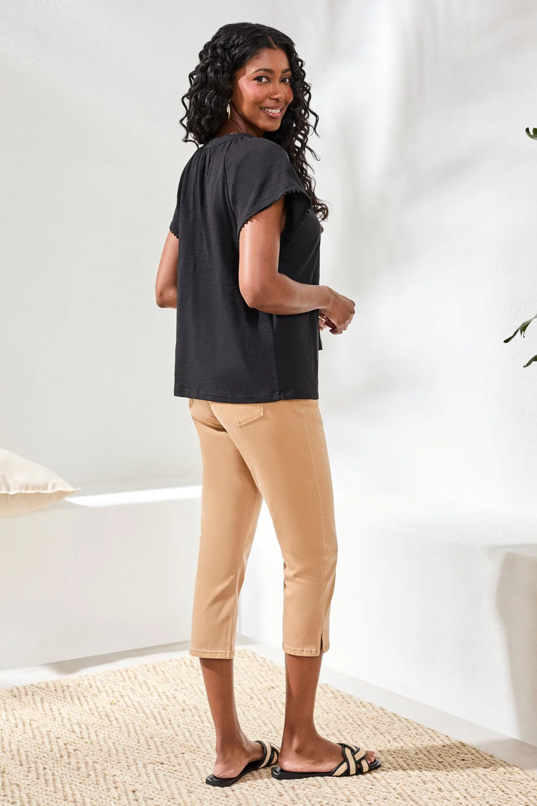 Cotton Slub Split Neck Tassel Top-Black - Image 4