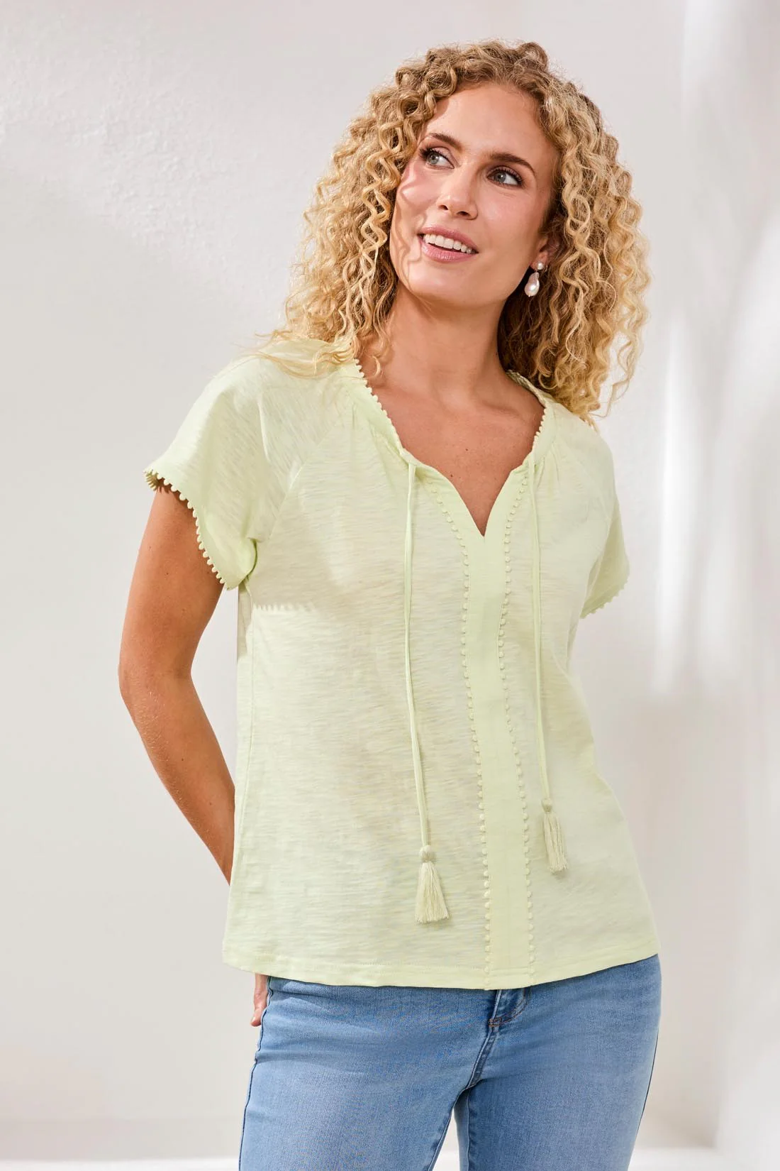 Cotton Slub Split Neck Tassel Top-Limecream - Image 3