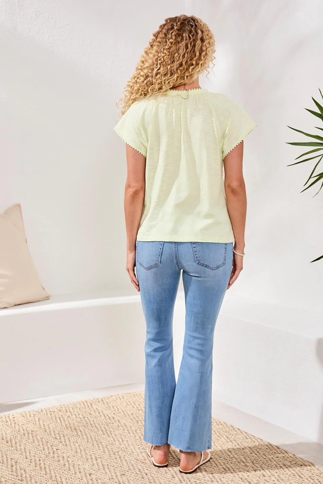 Cotton Slub Split Neck Tassel Top-Limecream - Image 4