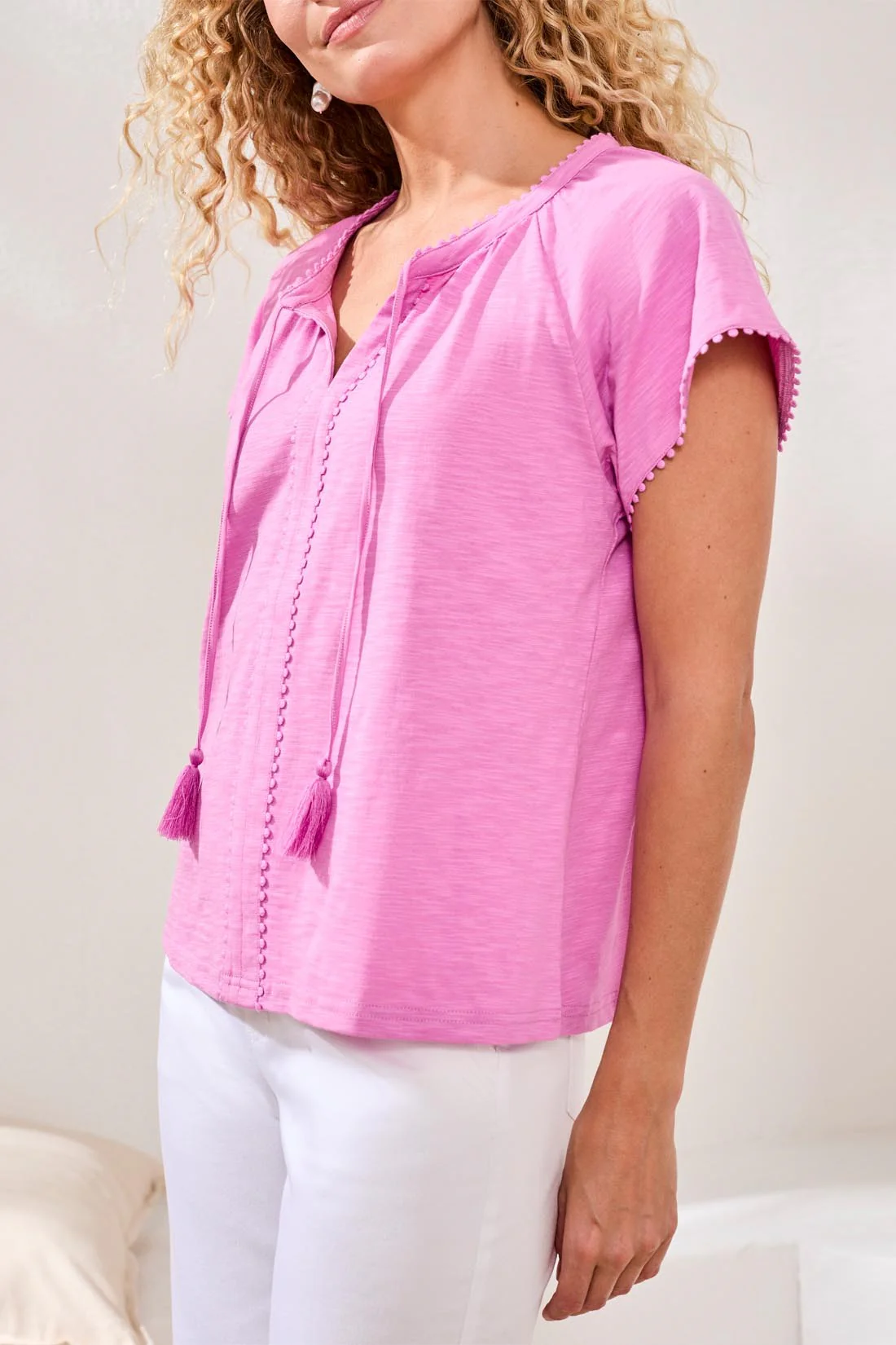 Cotton Slub Split Neck Tassel Top-Wisteria - Image 3