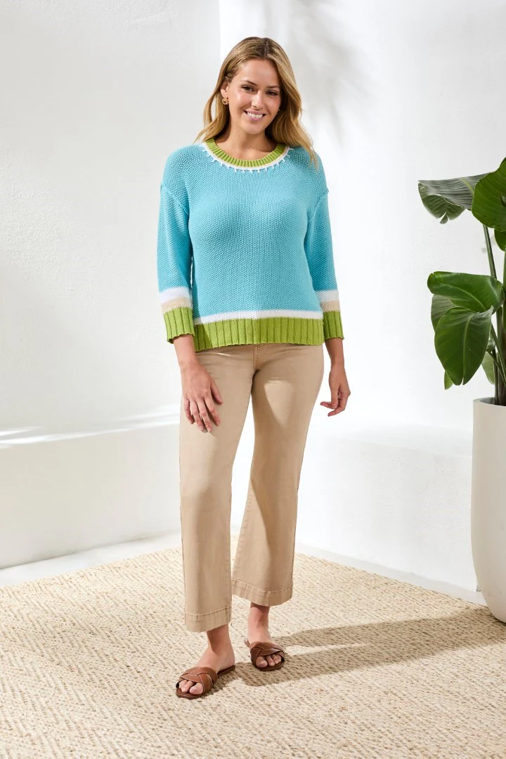 Crew Neck Cotton Sweater With Contrast Stitch Detail-Aqua sky