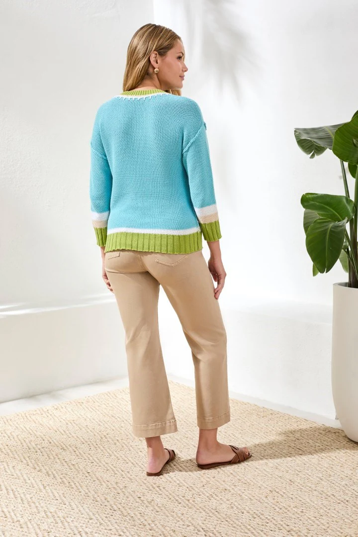 Crew Neck Cotton Sweater With Contrast Stitch Detail-Aqua sky - Image 2