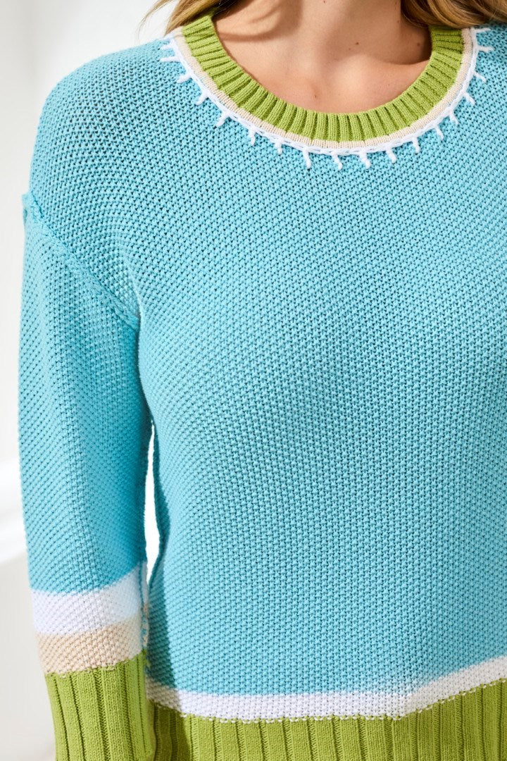 Crew Neck Cotton Sweater With Contrast Stitch Detail-Aqua sky - Image 4