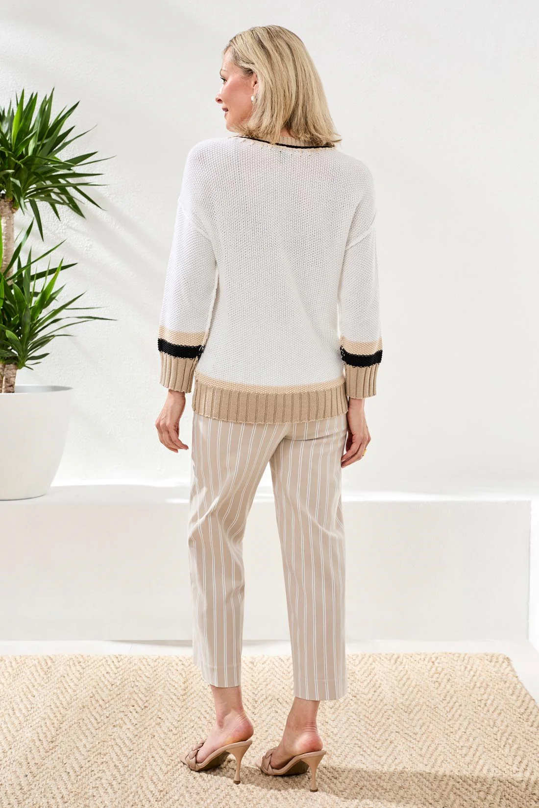 Crew Neck Cotton Sweater With Contrast Stitch Detail-White - Image 2