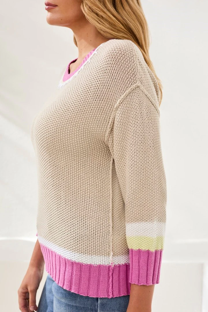 Crew Neck Cotton Sweater With Contrast Stitch Detail-Wisteria - Image 3