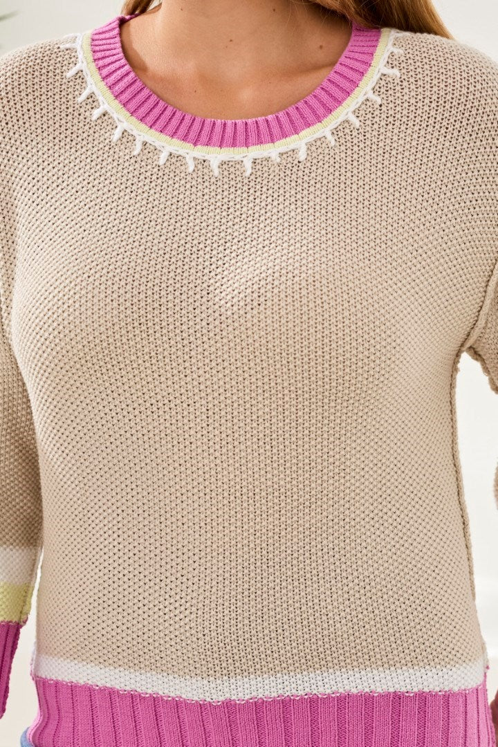 Crew Neck Cotton Sweater With Contrast Stitch Detail-Wisteria - Image 4