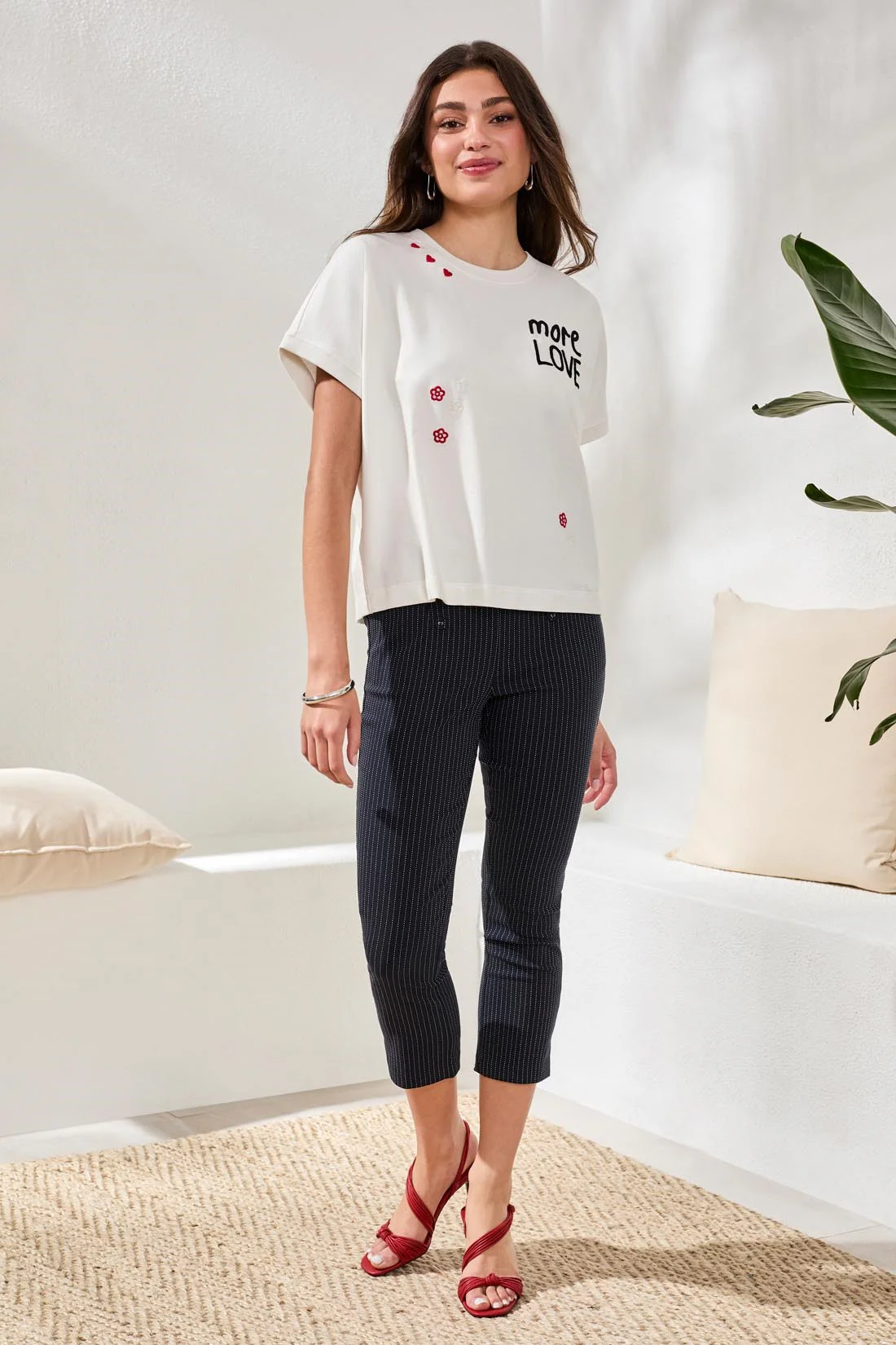 Crewneck Cap Sleeve Top With Embroidered Detail-White - Image 2