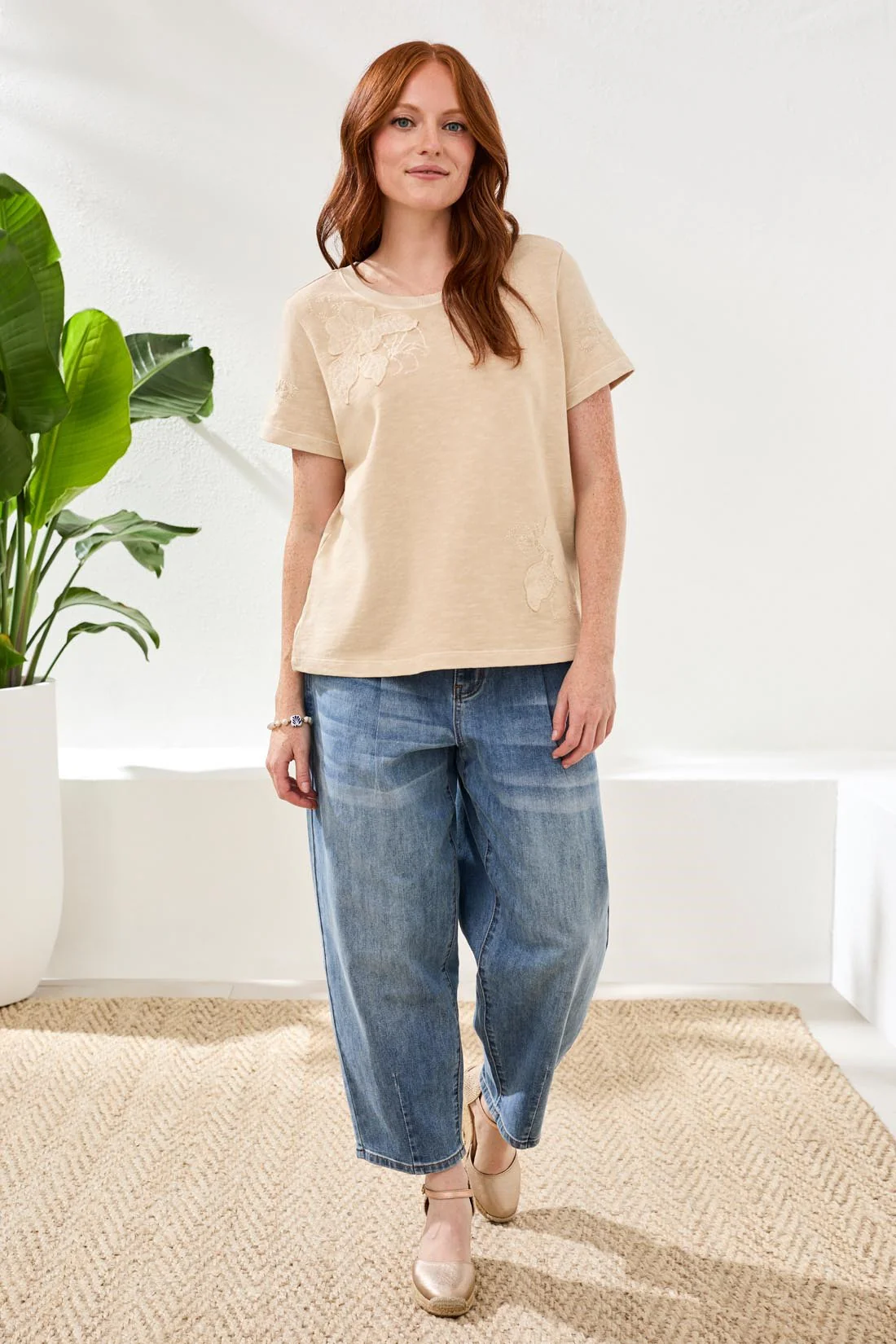 Crewneck Short-Sleeve Tee With Embroidered Patchwork-Ecru