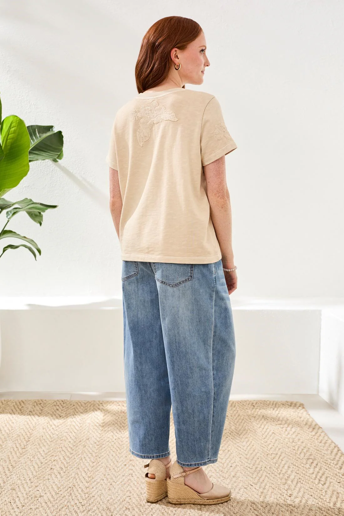 Crewneck Short-Sleeve Tee With Embroidered Patchwork-Ecru - Image 2