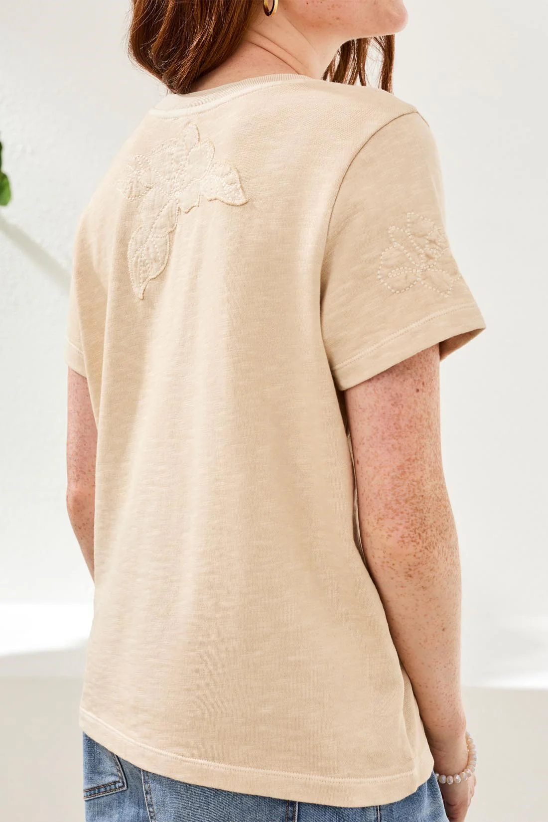Crewneck Short-Sleeve Tee With Embroidered Patchwork-Ecru - Image 4
