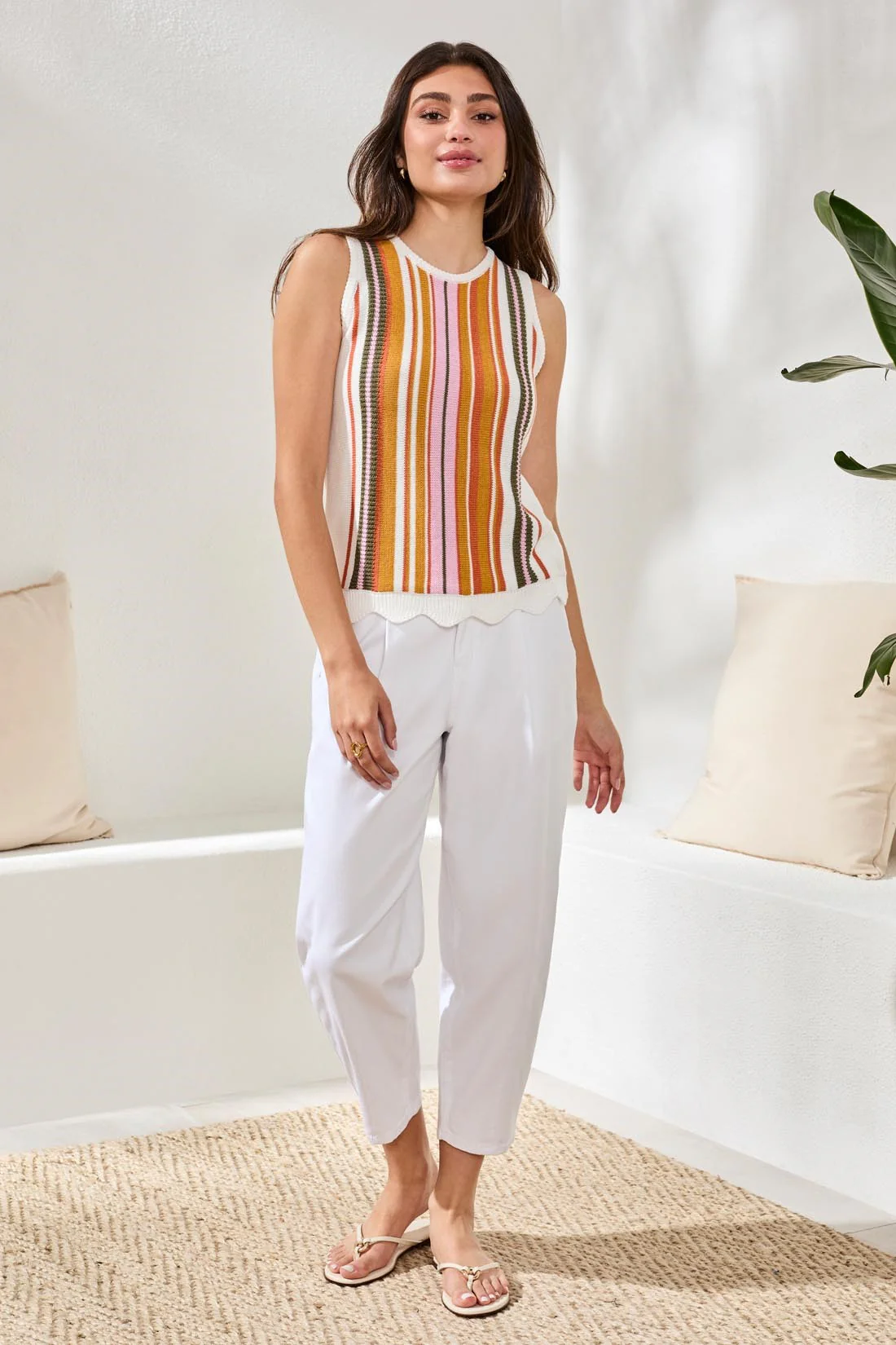 Textured Crew Neck Knit Sweater Cami-Eggshell multi