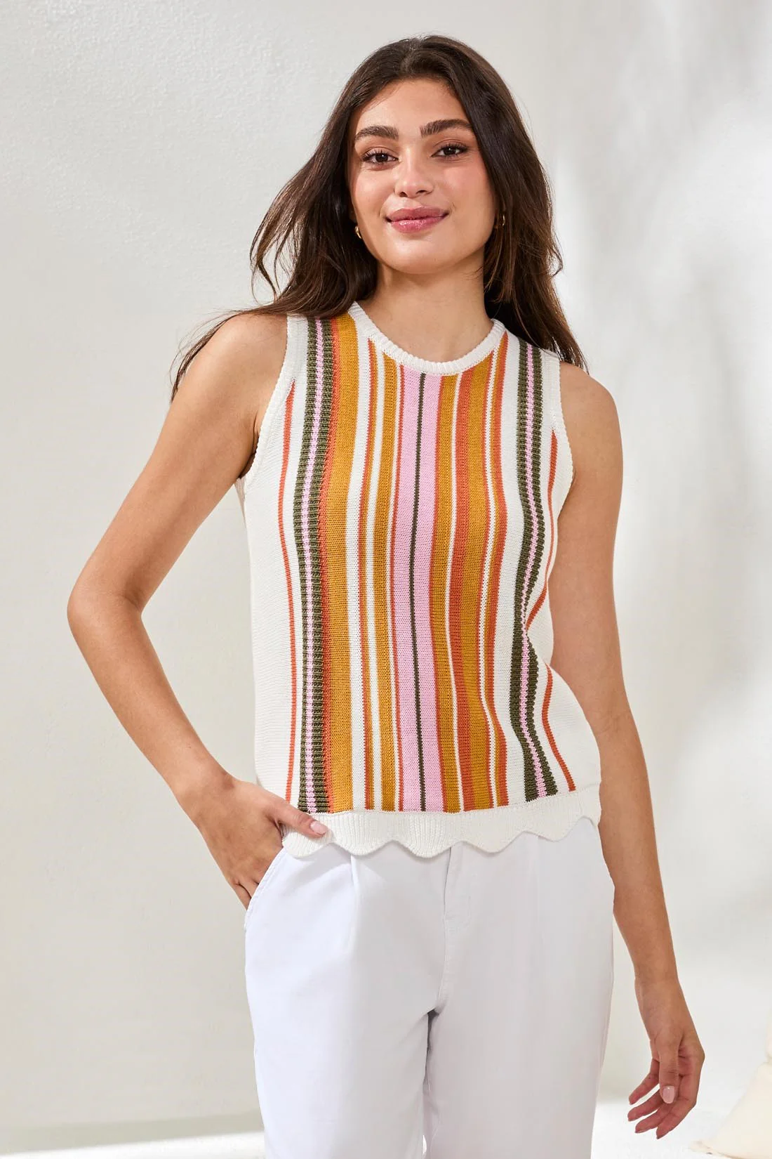 Textured Crew Neck Knit Sweater Cami-Eggshell multi - Image 2