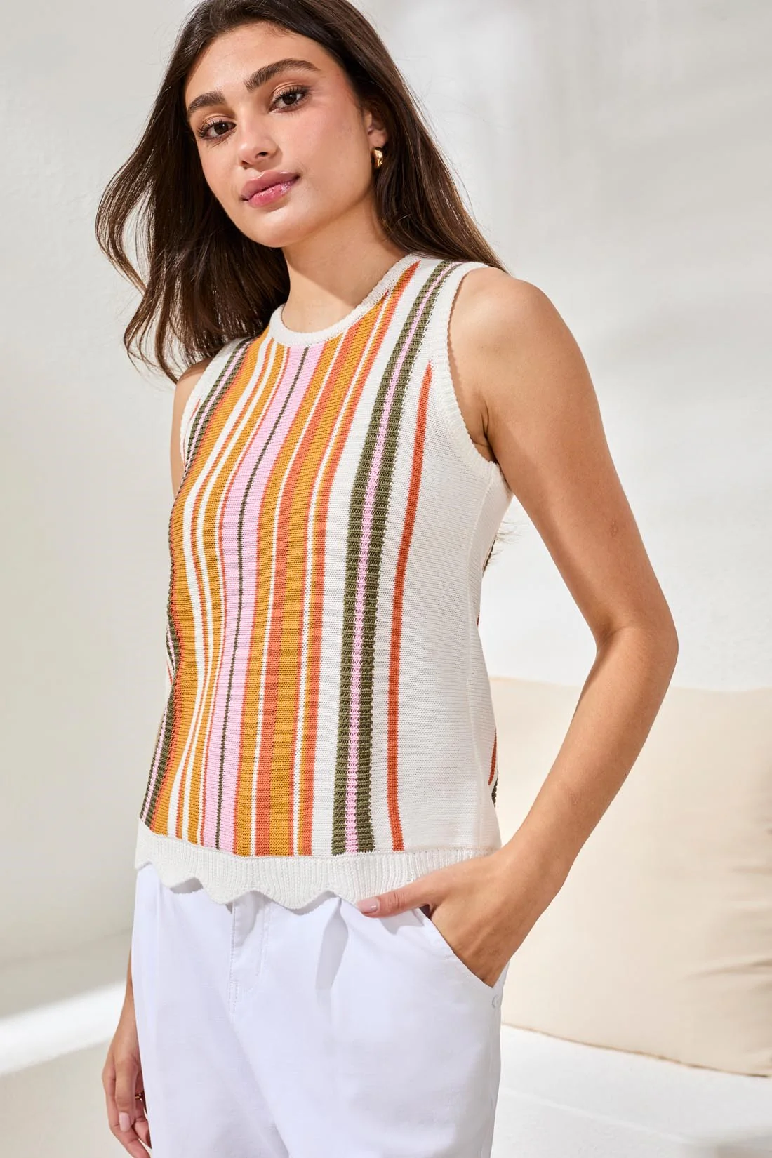 Textured Crew Neck Knit Sweater Cami-Eggshell multi - Image 3