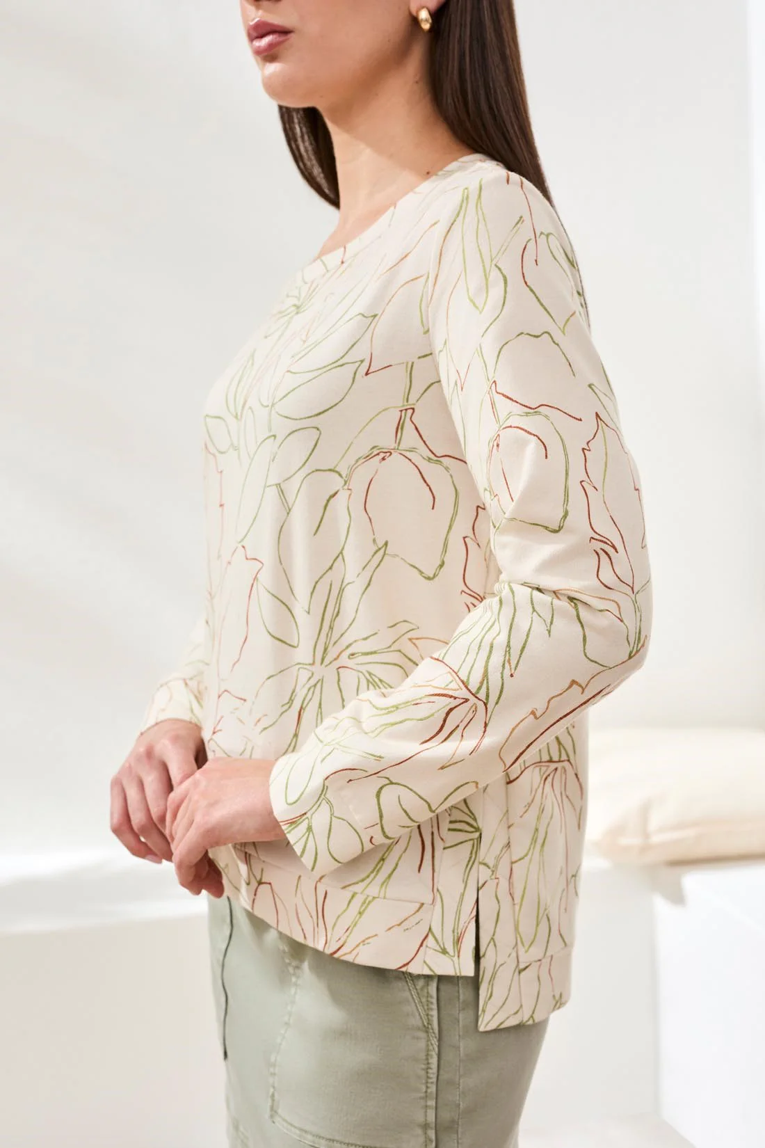 Soft Crew Neck Long Sleeve Top With Side Slits-Eggshell