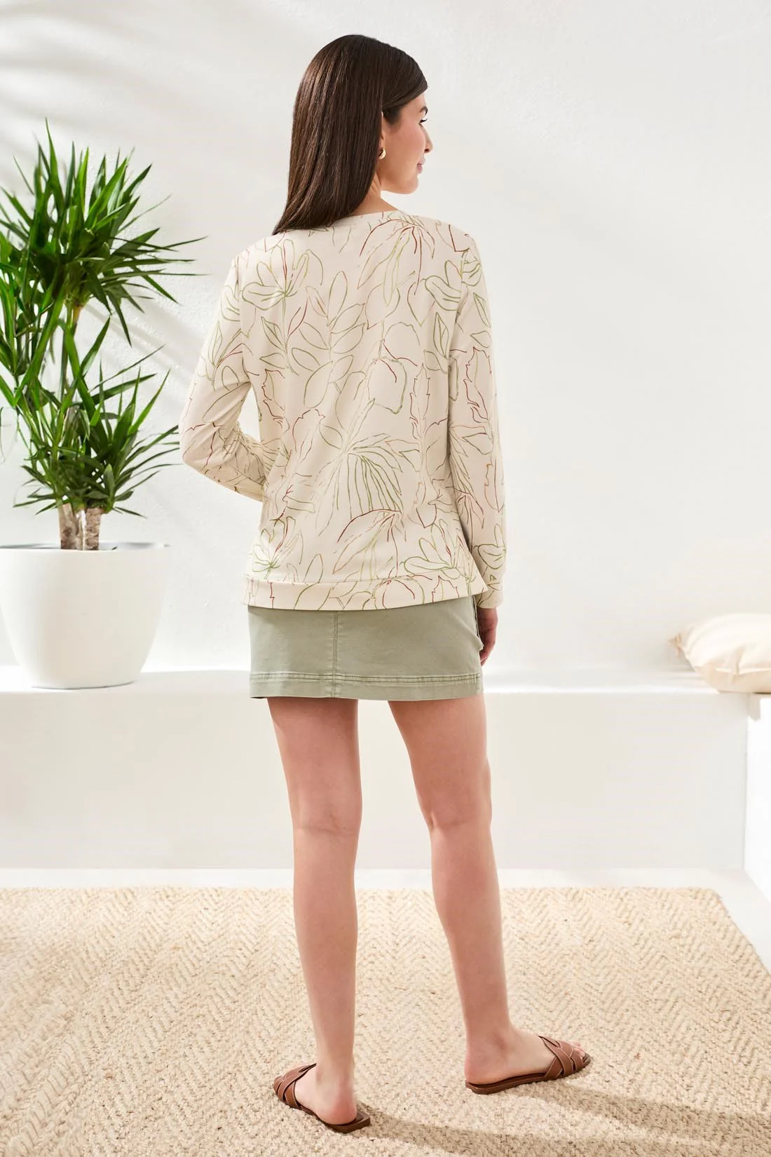 Soft Crew Neck Long Sleeve Top With Side Slits-Eggshell - Image 5