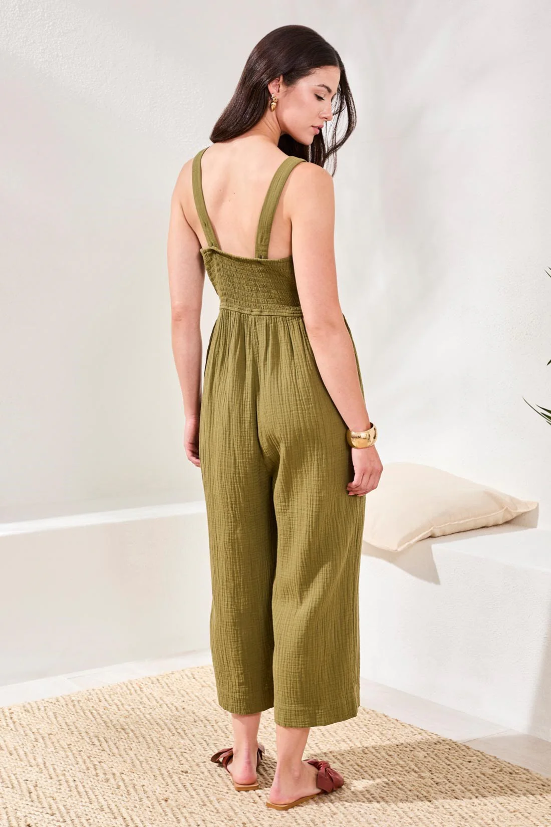 Crinkled Gauze Jumpsuit With Smocking At Back-Rainforest - Image 4