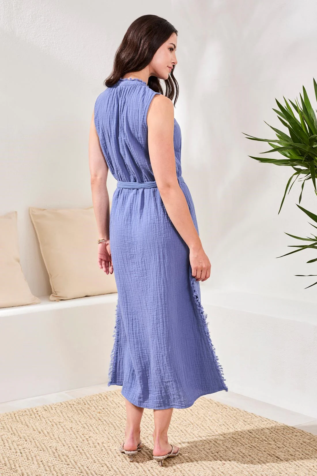 Crinkle Gauze Button-Front Belted Midi Dress-Seahaven - Image 4