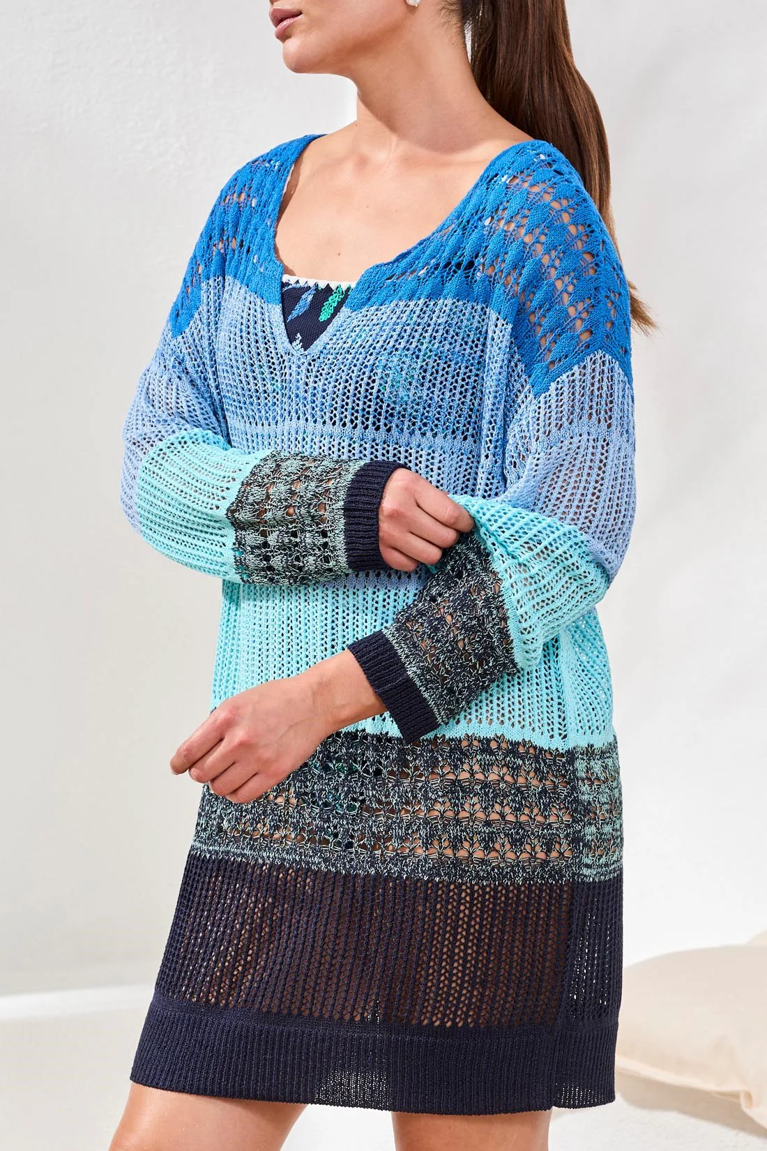 Ombré Stripe Openwork Cover-up Dress-Aquatic - Image 3