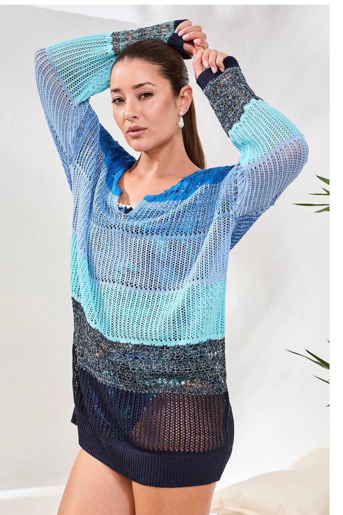 Ombré Stripe Openwork Cover-up Dress-Aquatic - Image 4