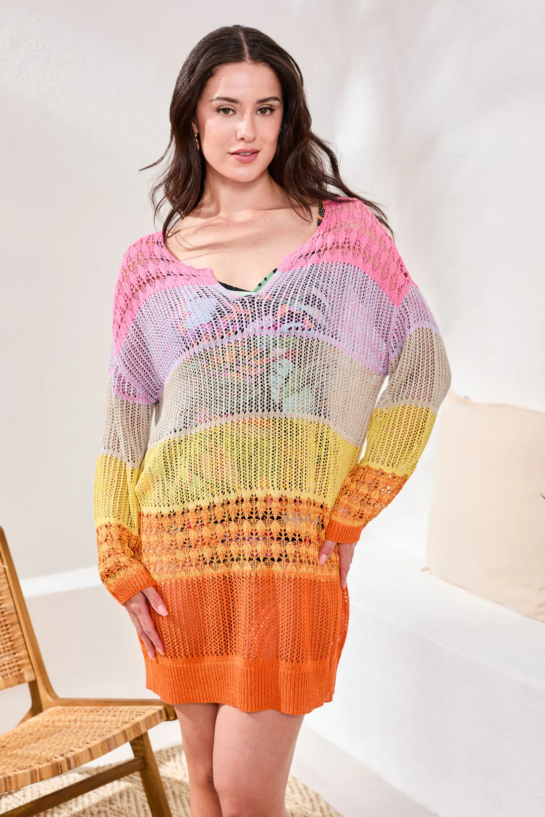 Ombré Stripe Openwork Cover-up Dress-Freesia - Image 3