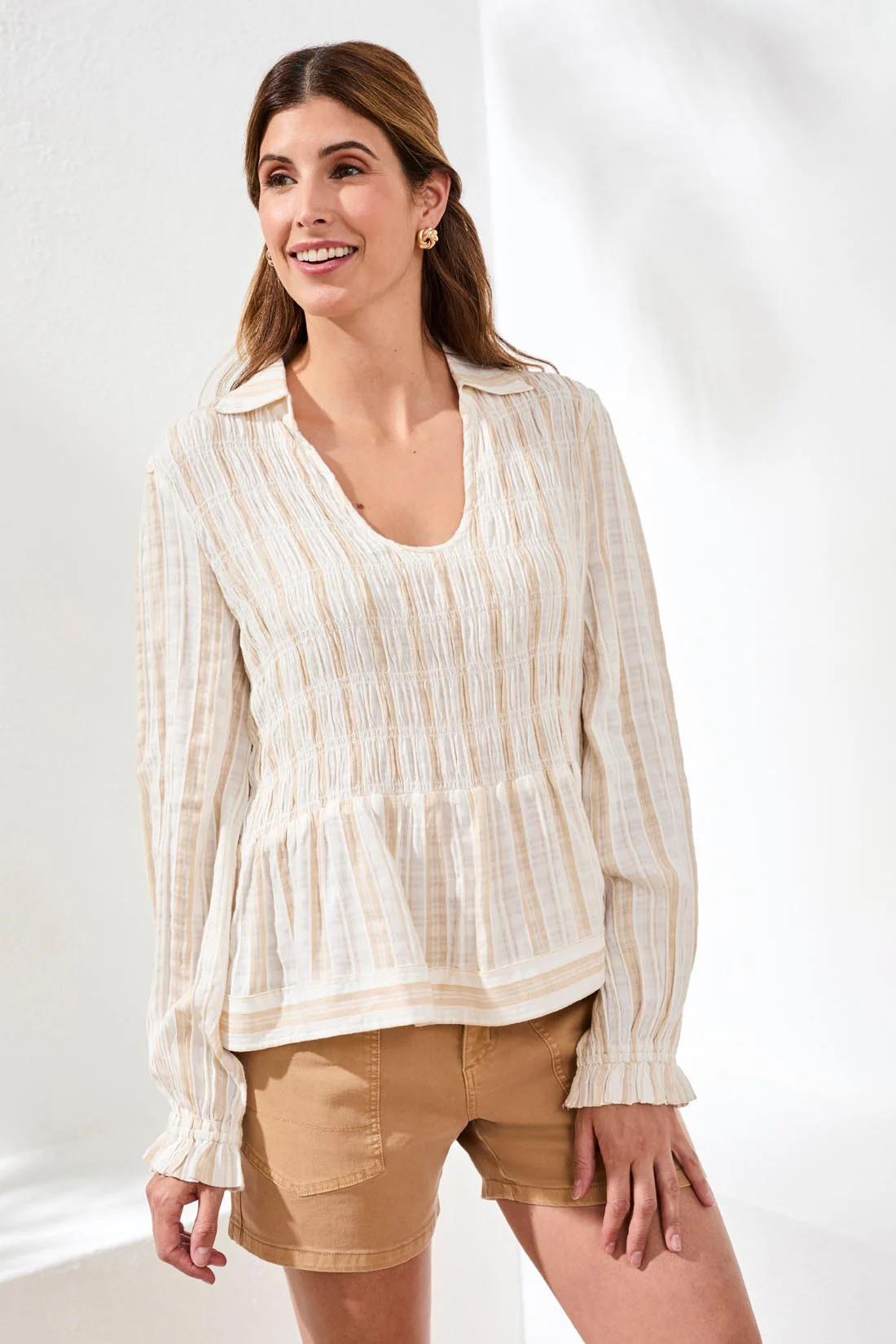 Crinkled U‑Neck Long Sleeve Smocked Blouse-Sesame - Image 3