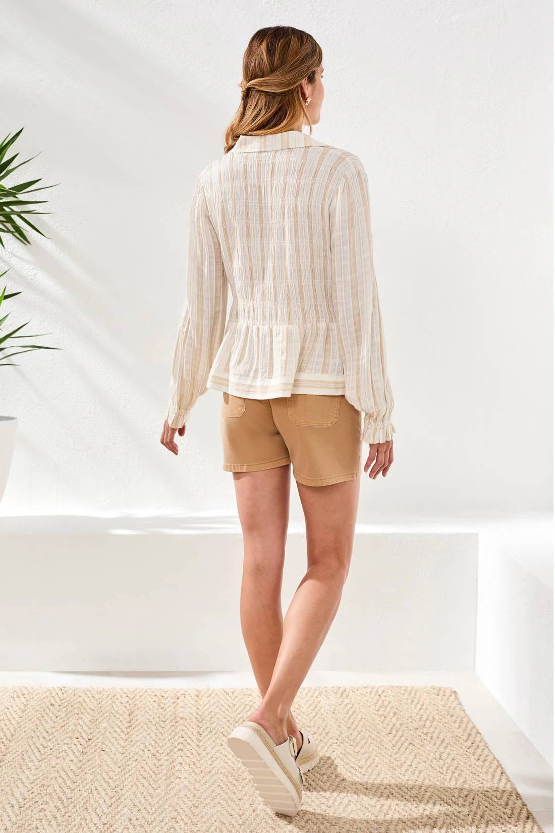 Crinkled U‑Neck Long Sleeve Smocked Blouse-Sesame - Image 4
