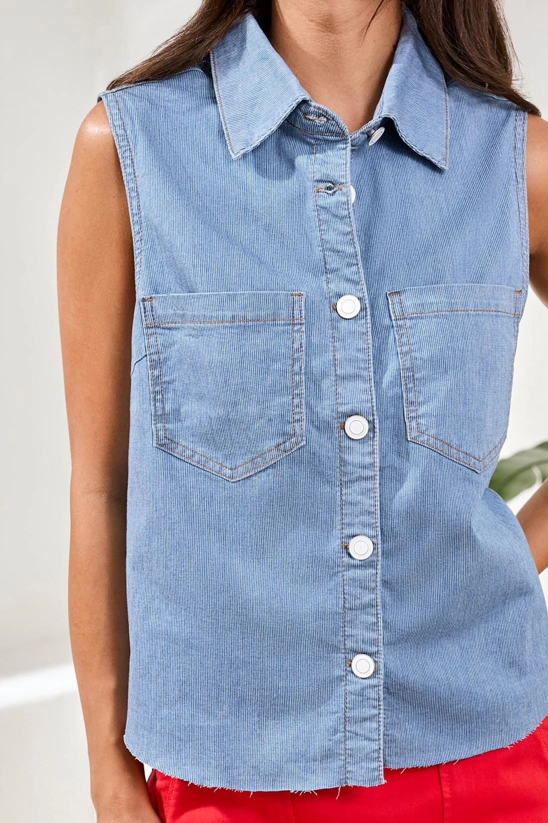 Soft Denim Collared Button-Front Sleeveless Top-Baja blue - Image 2