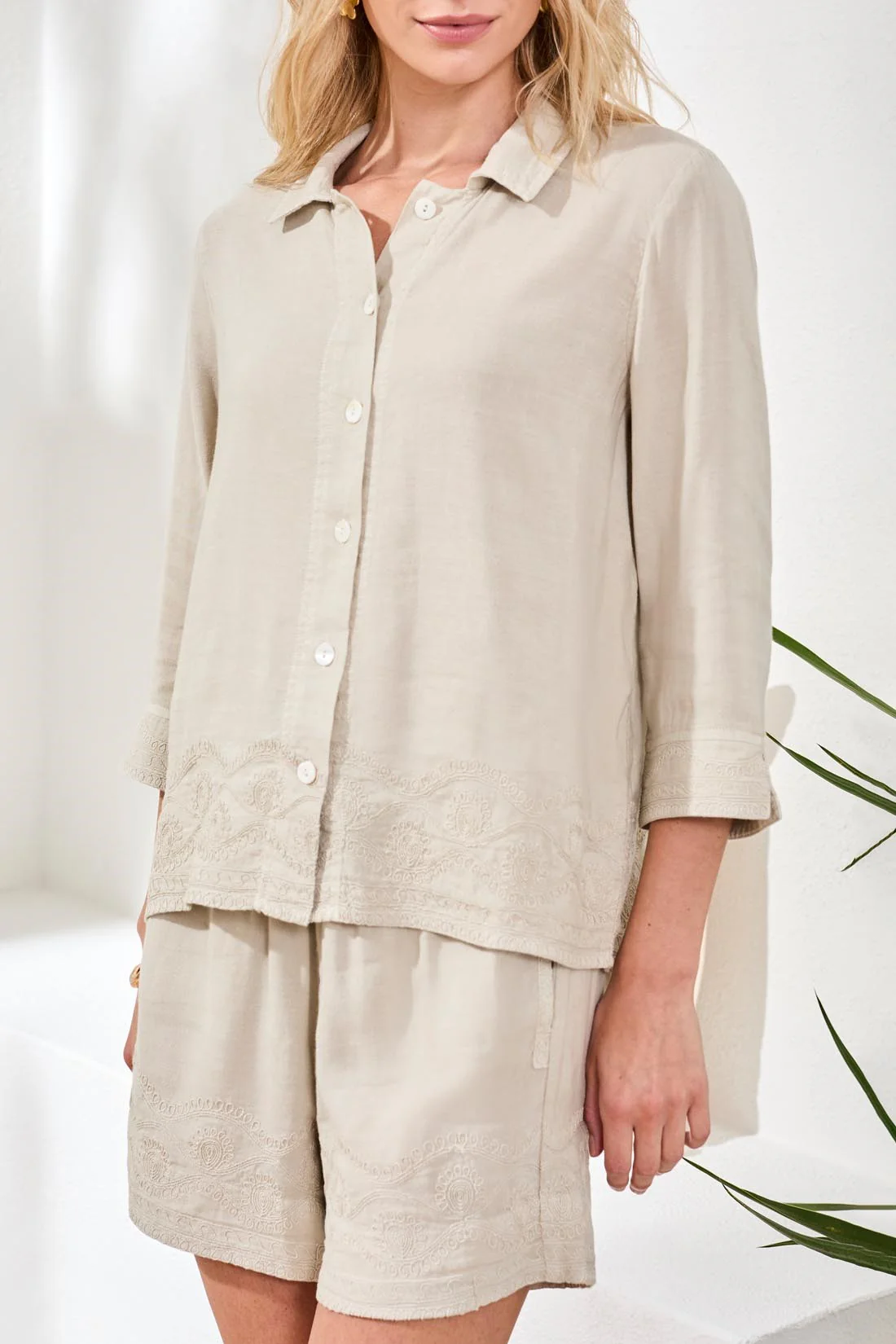 Crosshatch Embroidered 3/4 Sleeve Blouse-Quartz - Image 3