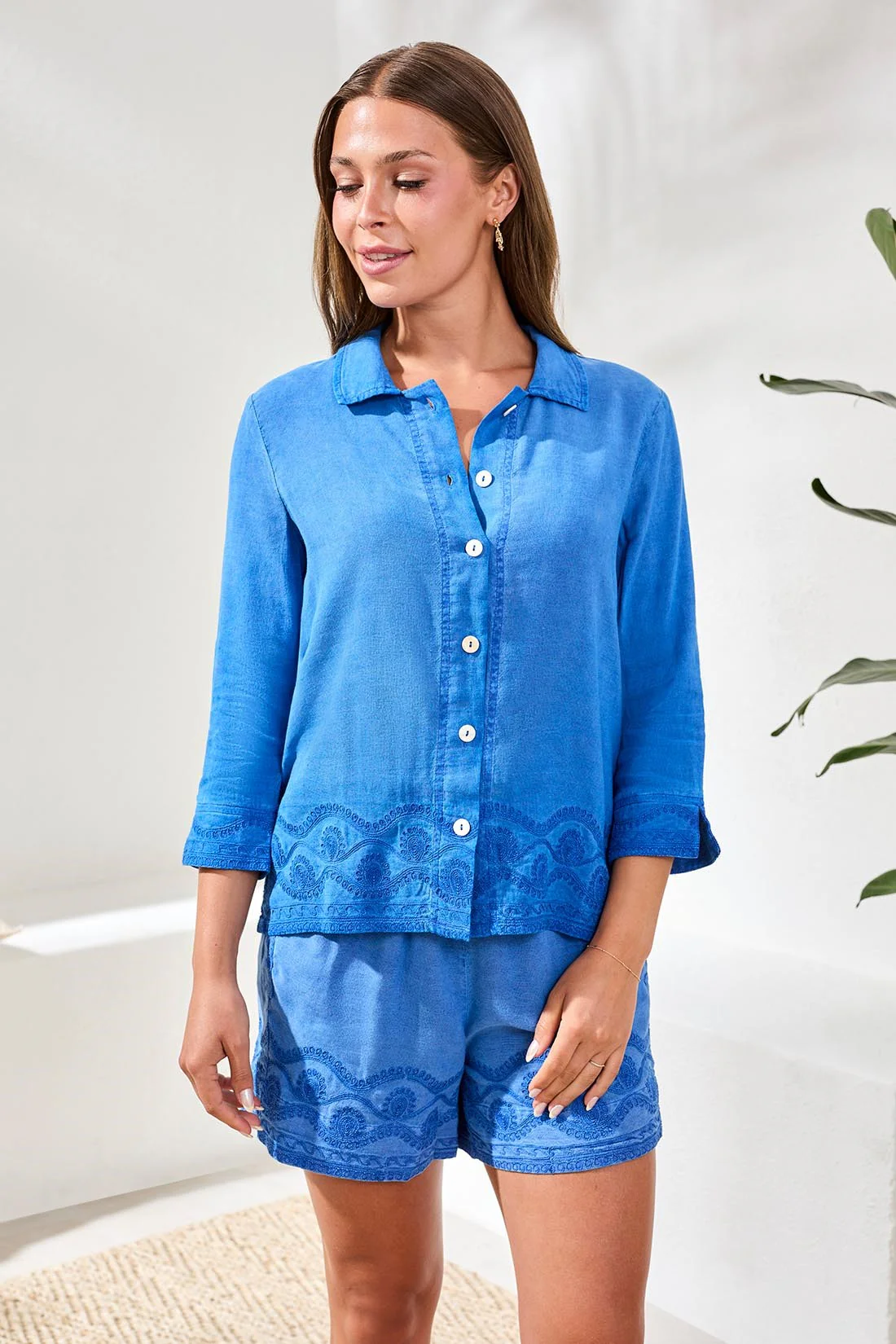 Crosshatch Embroidered 3/4 Sleeve Button-Front Shirt-Turkishsea - Image 3