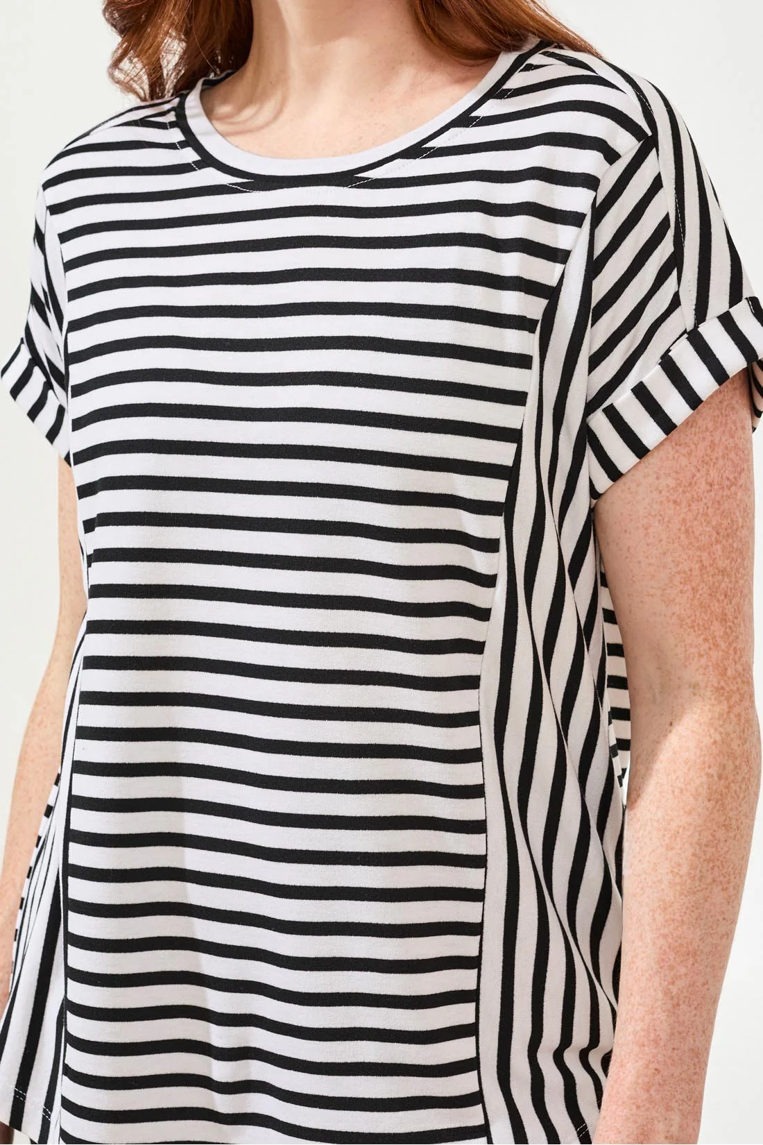 Relaxed Cuffed Short Sleeve Stripe Top-Black - Image 3
