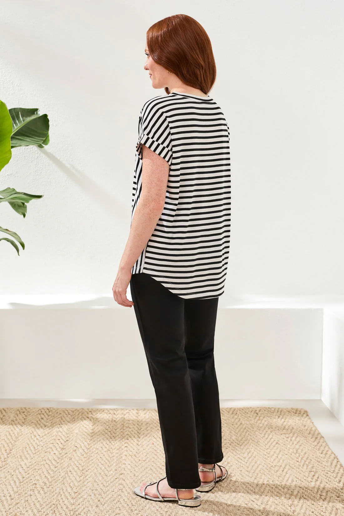 Relaxed Cuffed Short Sleeve Stripe Top-Black - Image 4